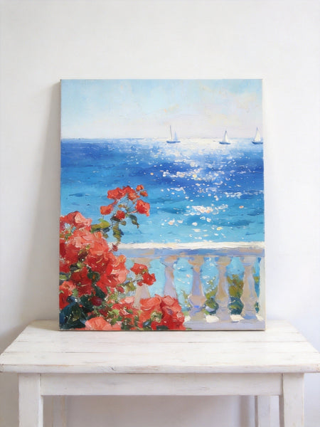 Tranquil Noon at the Coastal Bougainvillea Nook, Hand Painted Canvas Art, Original Landscape Paintings, Small Canvas Wall Art Paintings, Original Oil Paintings-Grace Painting Crafts