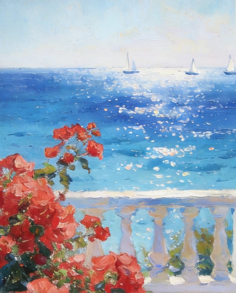 Tranquil Noon at the Coastal Bougainvillea Nook, Hand Painted Canvas Art, Original Landscape Paintings, Small Canvas Wall Art Paintings, Original Oil Paintings-Grace Painting Crafts
