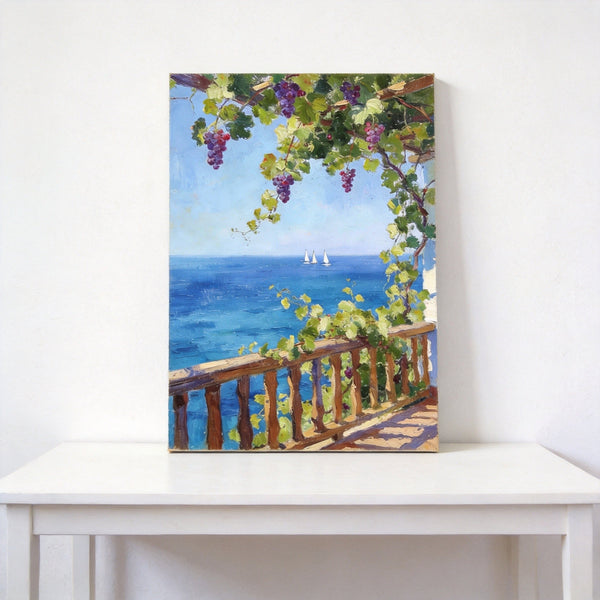 Original Landscape Paintings, Seaside Terrace Under the Grape Canopy, Hand Painted Canvas Art, Small Canvas Wall Art Paintings, Original Oil Paintings-Grace Painting Crafts