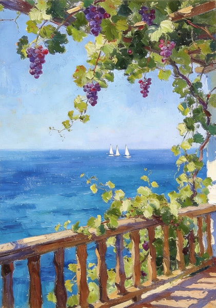 Original Landscape Paintings, Seaside Terrace Under the Grape Canopy, Hand Painted Canvas Art, Small Canvas Wall Art Paintings, Original Oil Paintings-Grace Painting Crafts