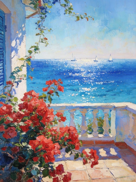 Original Landscape Paintings, Summer Glow on the Flowered Balcony, Small Canvas Wall Art Paintings, Original Oil Paintings, Hand Painted Canvas Art-Grace Painting Crafts