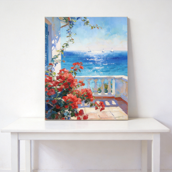 Original Landscape Paintings, Summer Glow on the Flowered Balcony, Small Canvas Wall Art Paintings, Original Oil Paintings, Hand Painted Canvas Art-Grace Painting Crafts
