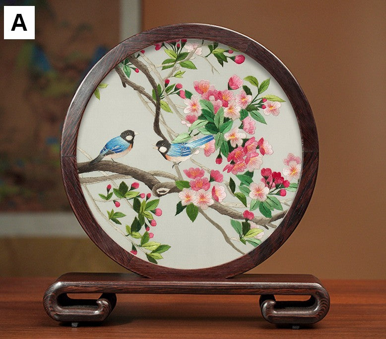 Traditional Chinese Suzhou Silk Embroidered Ornament, Premium Souvenir, Exclusive Business Presents, Creative Birthday Gift, Flower and Birds Embroidery Ornaments-Grace Painting Crafts