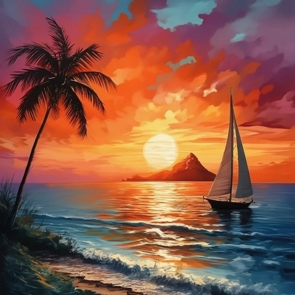 Simple Small Canvas Paintings, Original Small Landscape Paintings, Hawaii Seashore Beach Palm Tree Sunset Painting, Heavy Texture Acrylic Artwork, Easy Landscape Painting Ideas-Grace Painting Crafts