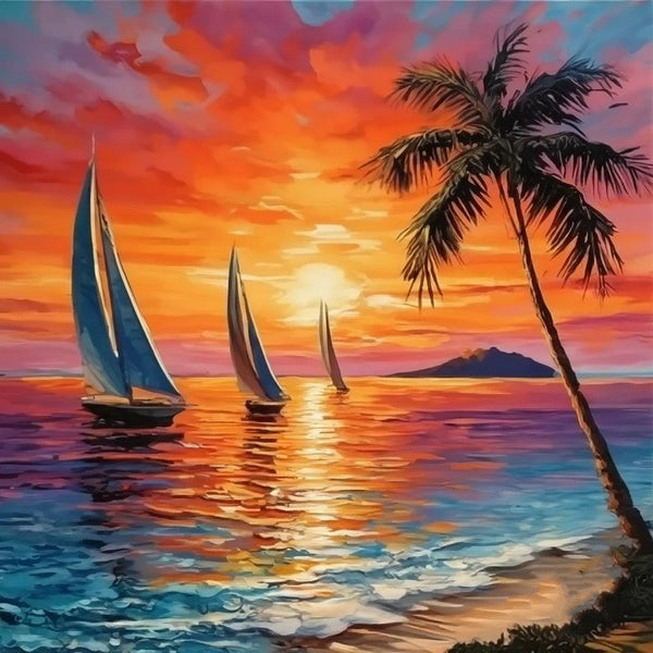 Original Small Landscape Paintings, Hawaii Seashore Sail Boat Palm Tree Painting, Beach Sunset Painting, Heavy Texture Acrylic Artwork, Easy Landscape Painting Ideas, Simple Small Canvas Paintings-Grace Painting Crafts