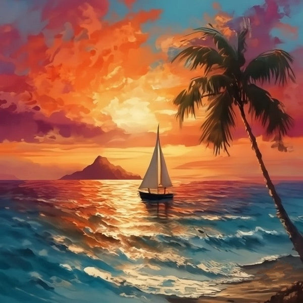 Beach Sunset Painting, Heavy Texture Acrylic Artwork, Original Small Landscape Paintings, Hawaii Seashore Sail Boat Palm Tree Painting, Easy Landscape Painting Ideas, Simple Small Canvas Paintings-Grace Painting Crafts