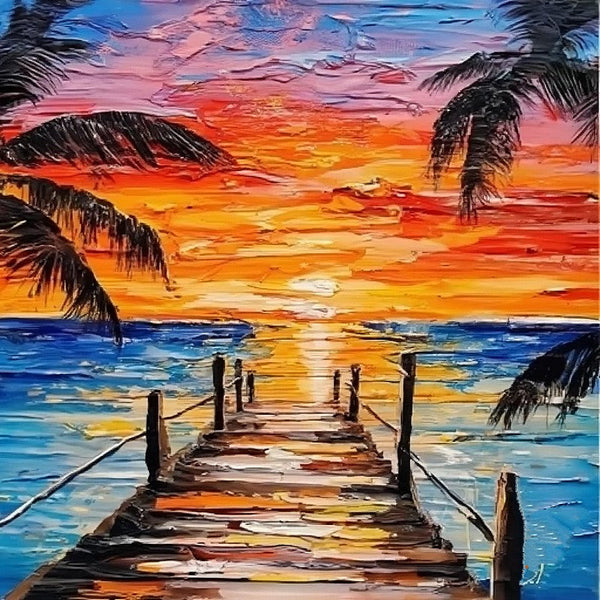 Original Small Landscape Paintings, Hawaii Seashore Palm Tree Painting, Easy Landscape Painting Ideas, Simple Small Canvas Paintings, Beach Sunset Painting, Heavy Texture Acrylic Artwork-Grace Painting Crafts