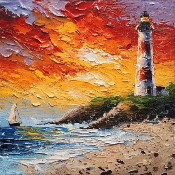 Small Hand Painted Art, Seashore Lighthouse Sunset Painting, Heavy Texture Canvas Artwork, Easy Landscape Painting Ideas, Simple Small Canvas Paintings-Grace Painting Crafts