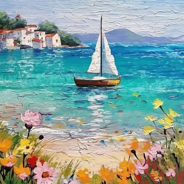 Small Hand Painted Canvas Art, Easy Landscape Painting Ideas, Simple Small Canvas Paintings, Sail Boat Seashore Floral Beach Painting, Original Small Landscape Paintings, Heavy Texture Canvas Art-Grace Painting Crafts