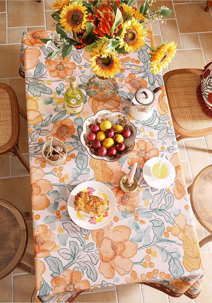 Modern Kitchen Table Cover, Linen Table Cover for Dining Room Table, Spring Flower Tablecloth for Round Table, Simple Modern Rectangle Tablecloth Ideas for Oval Table-Grace Painting Crafts