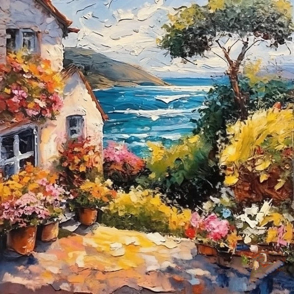 Simple Small Canvas Paintings, Seashore Summer Resort Painting, Original Paintings, Small Landscape Paintings, Heavy Texture Canvas Paintings, Easy Landscape Painting Ideas-Grace Painting Crafts