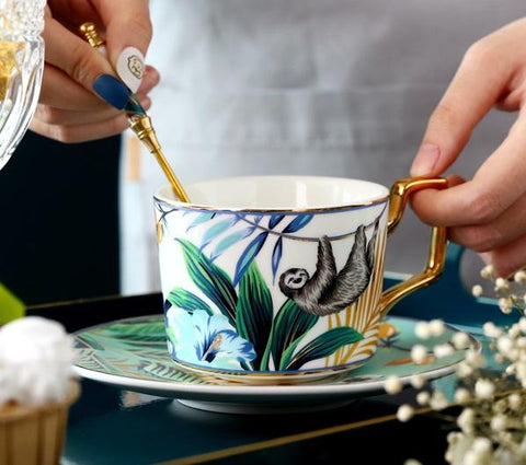 Elegant Porcelain Coffee Cups, Coffee Cups with Gold Trim and Gift Box, Tea Cups and Saucers, Jungle Animal Porcelain Coffee Cups-Grace Painting Crafts