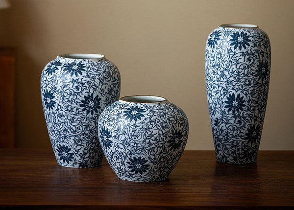 Centerpiece on Dining Table, Large Blue Flower Vase on Table, Vintage Bouquet Flower Vases, Handmade Porcelain Flower Vases Urn, Water Holding Flower Vases-Grace Painting Crafts