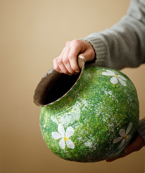Modern Pottery Flower Vases, Centerpiece on Dining Table, Handmade Water Holding Flower Vases, Pottery Bud Vases, Large Green Flower Vases on Table-Grace Painting Crafts