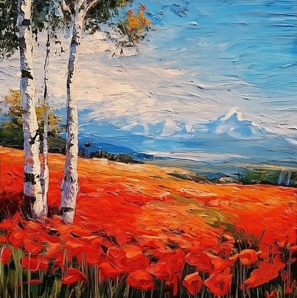 Simple Small Canvas Paintings, Red Poppy Field Birch Tree Landscape Painting, Original Small Landscape Paintings, Heavy Texture Canvas Art, Palette Knife Paintings, Easy Landscape Painting Ideas-Grace Painting Crafts