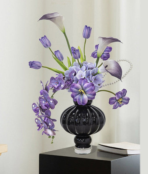 Unique Contemporary Vases for Modern Home Decor, Black Glass Bud Vases, Handmade Liuli Vases, Centerpiece Vases on Table, Black Glaze Vase-Grace Painting Crafts