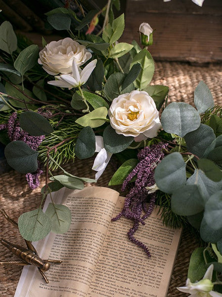Eucalyptus Globulus, Clematis, White Rose Flowers, Unique Flower Arrangement for Home Decoration, Beautiful Modern Artificial Flowers for Dining Room Table-Grace Painting Crafts