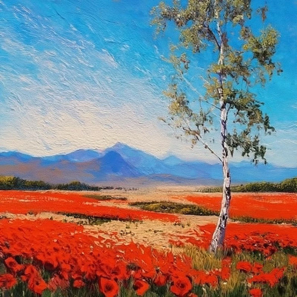Red Poppy Field Birch Tree Landscape Painting, Simple Small Canvas Paintings, Original Small Landscape Paintings, Heavy Texture Canvas Art, Palette Knife Paintings, Easy Landscape Painting Ideas-Grace Painting Crafts
