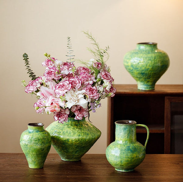 Modern Pottery Flower Vases, Handmade Water Holding Flower Vases, Pottery Bud Vases, Large Green Flower Vases on Table, Centerpiece on Dining Table-Grace Painting Crafts