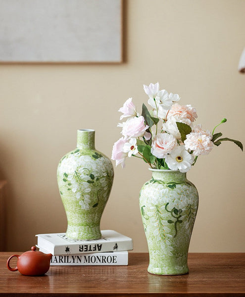 Large Flower Vases on Table, Green Porcelain Flower Vases, Centerpiece Ceramic Bud Vases, Handmade Water Holding Flower Vase-Grace Painting Crafts
