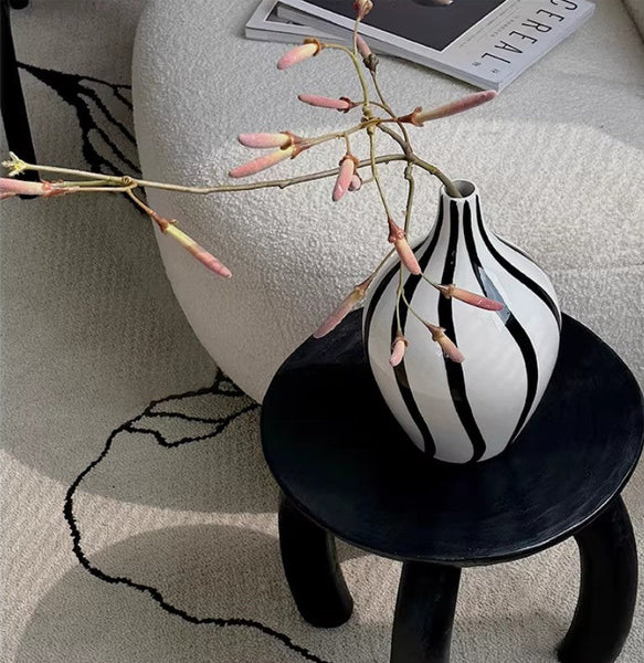 Water Holding Flower Vases, Black and White Striped Ceramic Vase, Porcelain Flower Vases, Modern Flower Vases on Table-Grace Painting Crafts