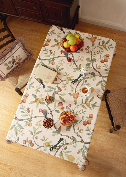 Bird and Fruit Tree Kitchen Table Cover, Linen Table Cover for Dining Room Table, Tablecloth for Round Table, Simple Modern Rectangle Tablecloth Ideas for Oval Table-Grace Painting Crafts