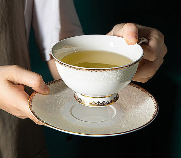 Elegant British Ceramic Coffee Cups, Bone China Porcelain Coffee Cup Set, White Ceramic Cups, Unique Tea Cup and Saucer in Gift Box-Grace Painting Crafts