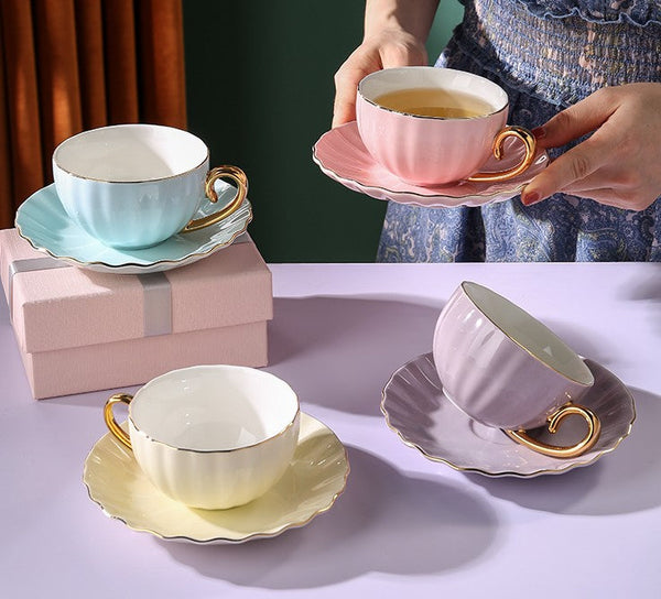 Macaroon Ceramic Coffee Cups, 6.8 oz Tea Cup and Saucer Set of 2 Cups in Gift Box as Birthday Gift, Beautiful Elegant British Tea Cups, Creative Porcelain Tea Cup Set-Grace Painting Crafts