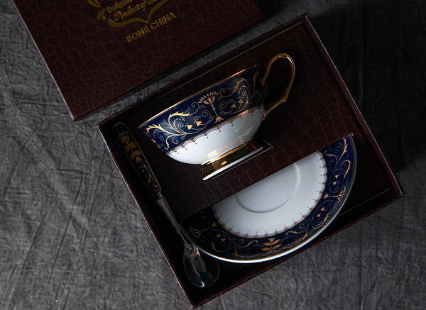 Unique Blue Tea Cup and Saucer in Gift Box, Blue Porcelain Tea Cup Saucer Set, Royal Ceramic Cups, Elegant Ceramic Coffee Cups-Grace Painting Crafts