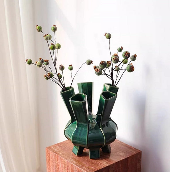 Unique Handmade Modern Flower Vase, Centerpiece Ceramic Bouquet Vases, Contemporary Vases on Dining Table, Green Porcelain Vases for Modern Home Decor-Grace Painting Crafts