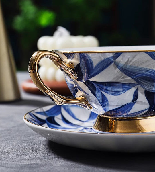 Unique British Tea Cup and Saucer in Gift Box, Blue Porcelain Tea Cup Saucer Set, 7.4 oz British Ceramic Coffee Cups-Grace Painting Crafts