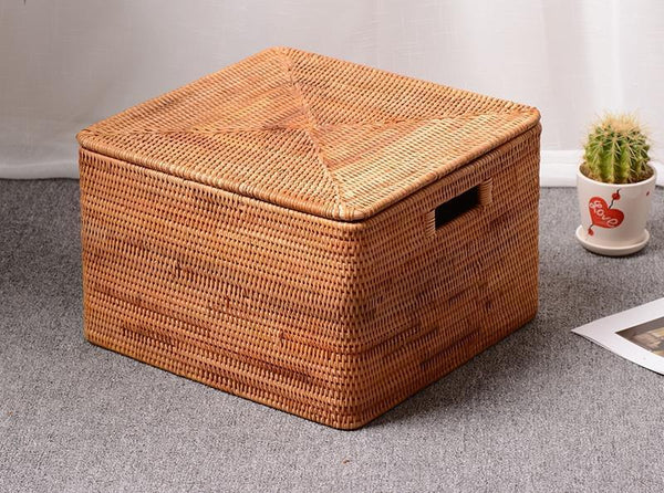 Woven Rectangular Storage Baskets, Rattan Storage Basket with Lid, Storage Baskets for Clothes, Extra Large Storage Baskets for Shelves-Grace Painting Crafts
