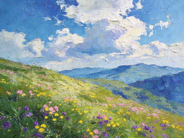 Small Canvas Art, Mountainous Landscape with Blossoming Meadows, Original Wall Paintings, On Canvas Small Paintings, Original Artwork Small Paintings, Small Landscape Paintings-Grace Painting Crafts