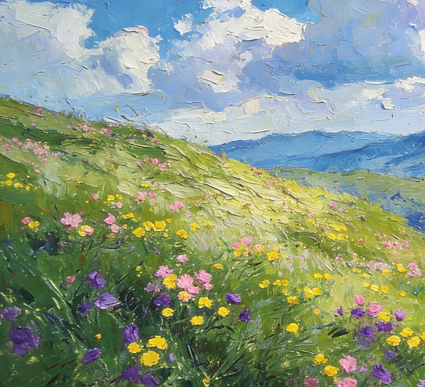 Small Canvas Art, Mountainous Landscape with Blossoming Meadows, Original Wall Paintings, On Canvas Small Paintings, Original Artwork Small Paintings, Small Landscape Paintings-Grace Painting Crafts