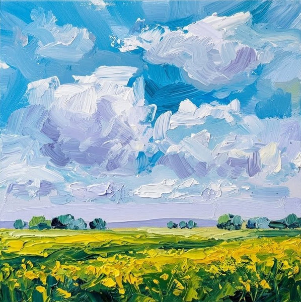 Original Landscape Paintings, Flowering Wilderness Beneath the Clouds, Hand Painted Canvas Art, Heavy Texture Painting, Miniature Canvas Art-Grace Painting Crafts