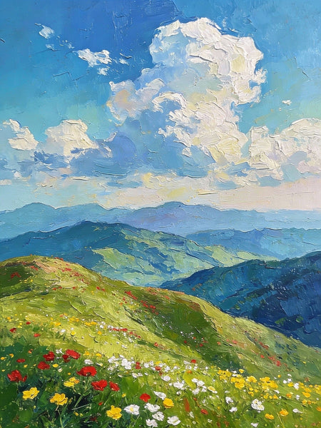 Original Small Paintings, A Flowering Hillside Under an Azure Sky, Small Oil Paintings, Small Wall Paintings, Landscape Artwork Canvas Paintings-Grace Painting Crafts