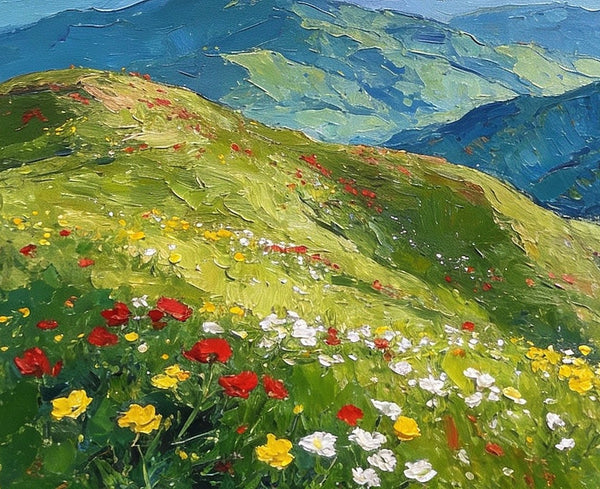 Original Small Paintings, A Flowering Hillside Under an Azure Sky, Small Oil Paintings, Small Wall Paintings, Landscape Artwork Canvas Paintings-Grace Painting Crafts