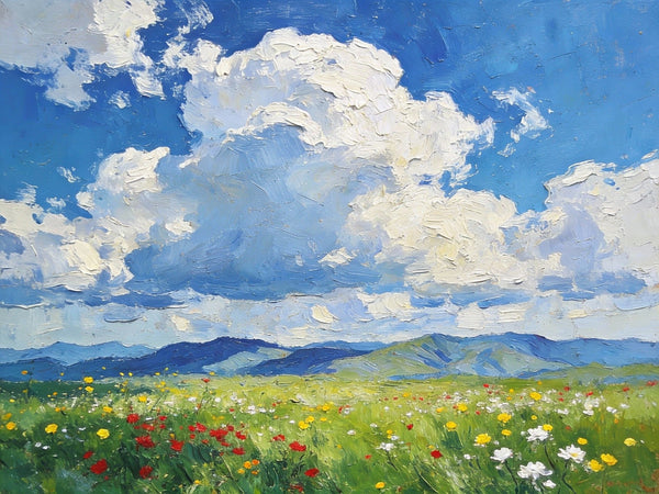 Wildflower Hills and Azure Sky, Hand Painted Canvas Art, Heavy Texture Wall Art Paintings, On Canvas Small Paintings, Original Oil Paintings, Small Landscape Paintings-Grace Painting Crafts