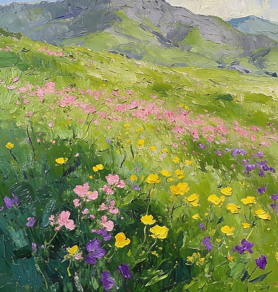 Small Oil Paintings, Mountain Meadow in Bloom, A Lush Floral Landscape, Original Small Paintings, Landscape Artwork Small Paintings, Small Wall Paintings-Grace Painting Crafts