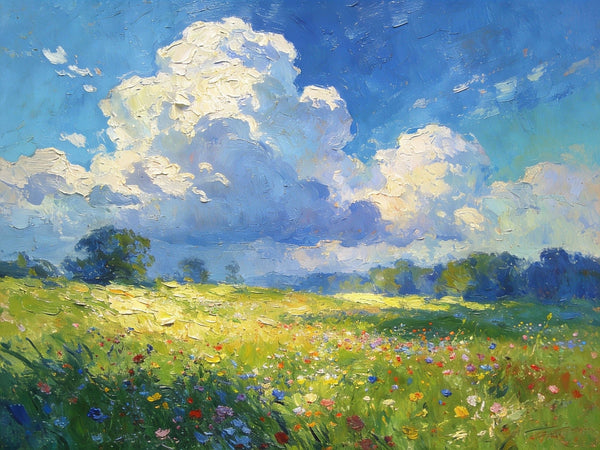 Valley in Bloom, Sunlight, Clouds, and Colorful Flora, Small Oil Paintings on Canvas, Hand Painted Canvas Art, Heavy Texture Oil Paintings, Original Artwork Small Paintings, Small Wall Paintings-Grace Painting Crafts