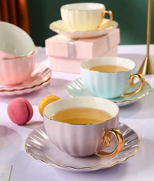 Macaroon Ceramic Coffee Cups, 6.8 oz Tea Cup and Saucer Set of 2 Cups in Gift Box as Birthday Gift, Beautiful Elegant British Tea Cups, Creative Porcelain Tea Cup Set-Grace Painting Crafts