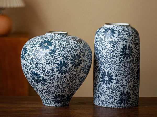 Vintage Bouquet Flower Vases, Centerpiece on Dining Table, Large Blue Flower Vase on Table, Handmade Porcelain Flower Vases Urn, Water Holding Flower Vases-Grace Painting Crafts
