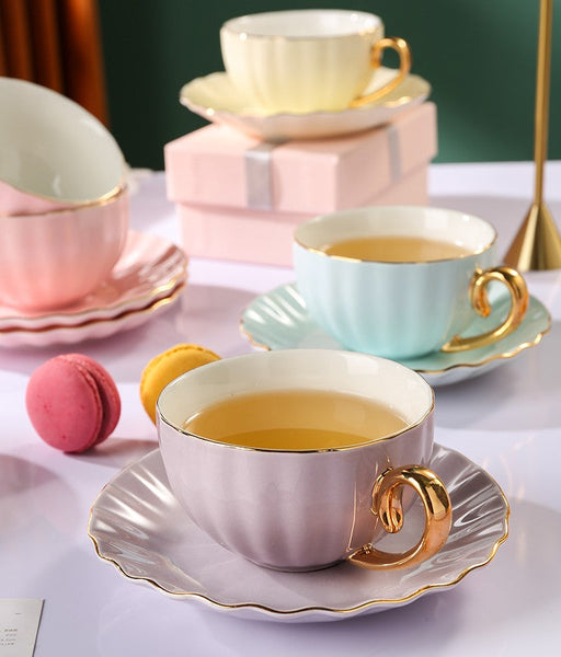 Elegant Macaroon Ceramic Coffee Cups, Beautiful British Tea Cups, Creative Porcelain Tea Cup Saucer Set of 2 Cups, 6.8 oz Tea Cup and Saucer in Gift Box as Birthday Gift-Grace Painting Crafts