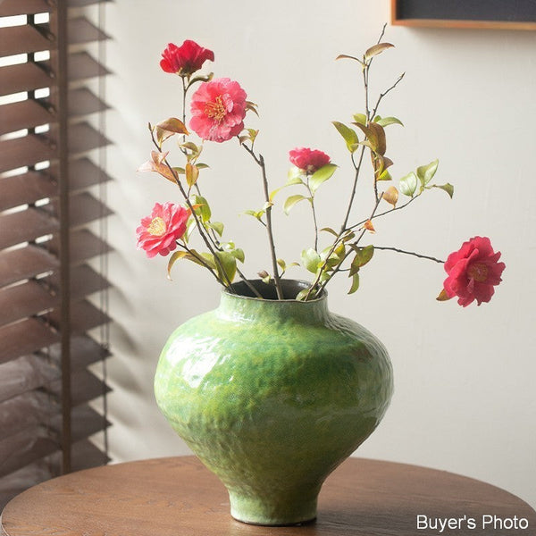 Modern Pottery Flower Vases, Handmade Water Holding Flower Vases, Pottery Bud Vases, Large Green Flower Vases on Table, Centerpiece on Dining Table-Grace Painting Crafts