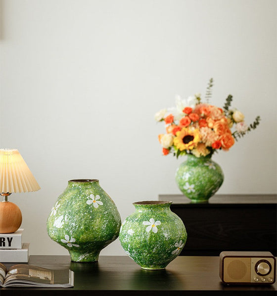 Modern Pottery Flower Vases, Centerpiece on Dining Table, Handmade Water Holding Flower Vases, Pottery Bud Vases, Large Green Flower Vases on Table-Grace Painting Crafts