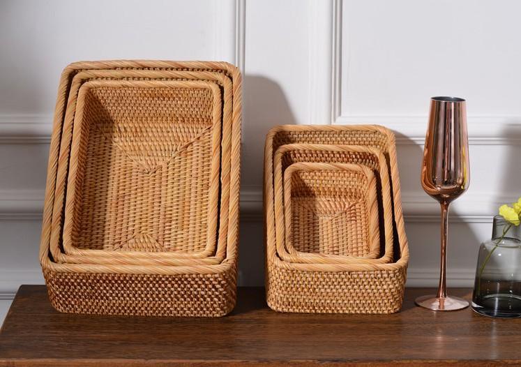 Handmade Rectangular Basket Rattan Storage Basket, Woven Baskets For Kitchen Bathroom And Rustic Living Room