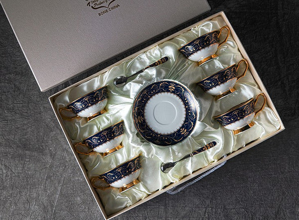 Unique Blue Tea Cup and Saucer in Gift Box, Blue Porcelain Tea Cup Saucer Set, Royal Ceramic Cups, Elegant Ceramic Coffee Cups-Grace Painting Crafts
