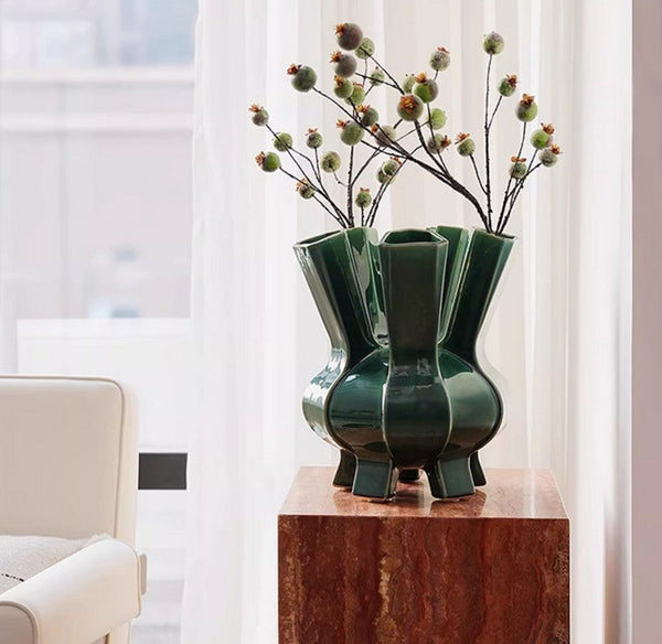 Unique Handmade Modern Flower Vase, Centerpiece Ceramic Bouquet Vases, Contemporary Vases on Dining Table, Green Porcelain Vases for Modern Home Decor-Grace Painting Crafts