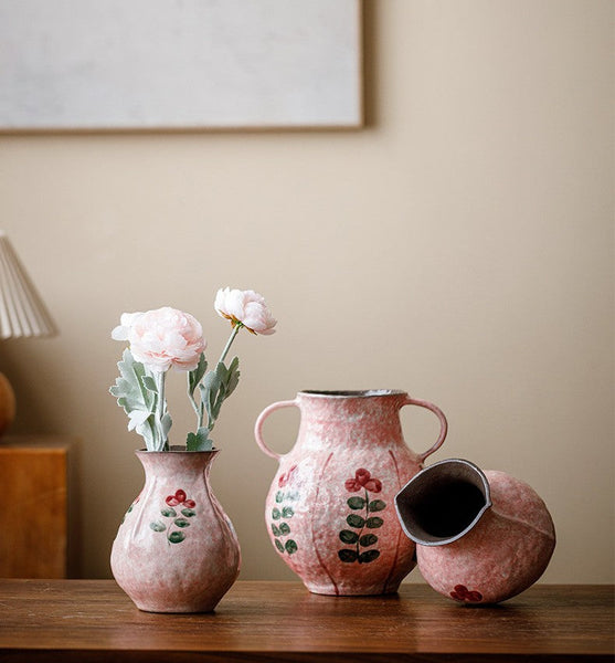 Handmade Water Holding Flower Vases, Rustic Pottery Flower Vases, Small Flower Vases on Table, Pink Bud Vases-Grace Painting Crafts