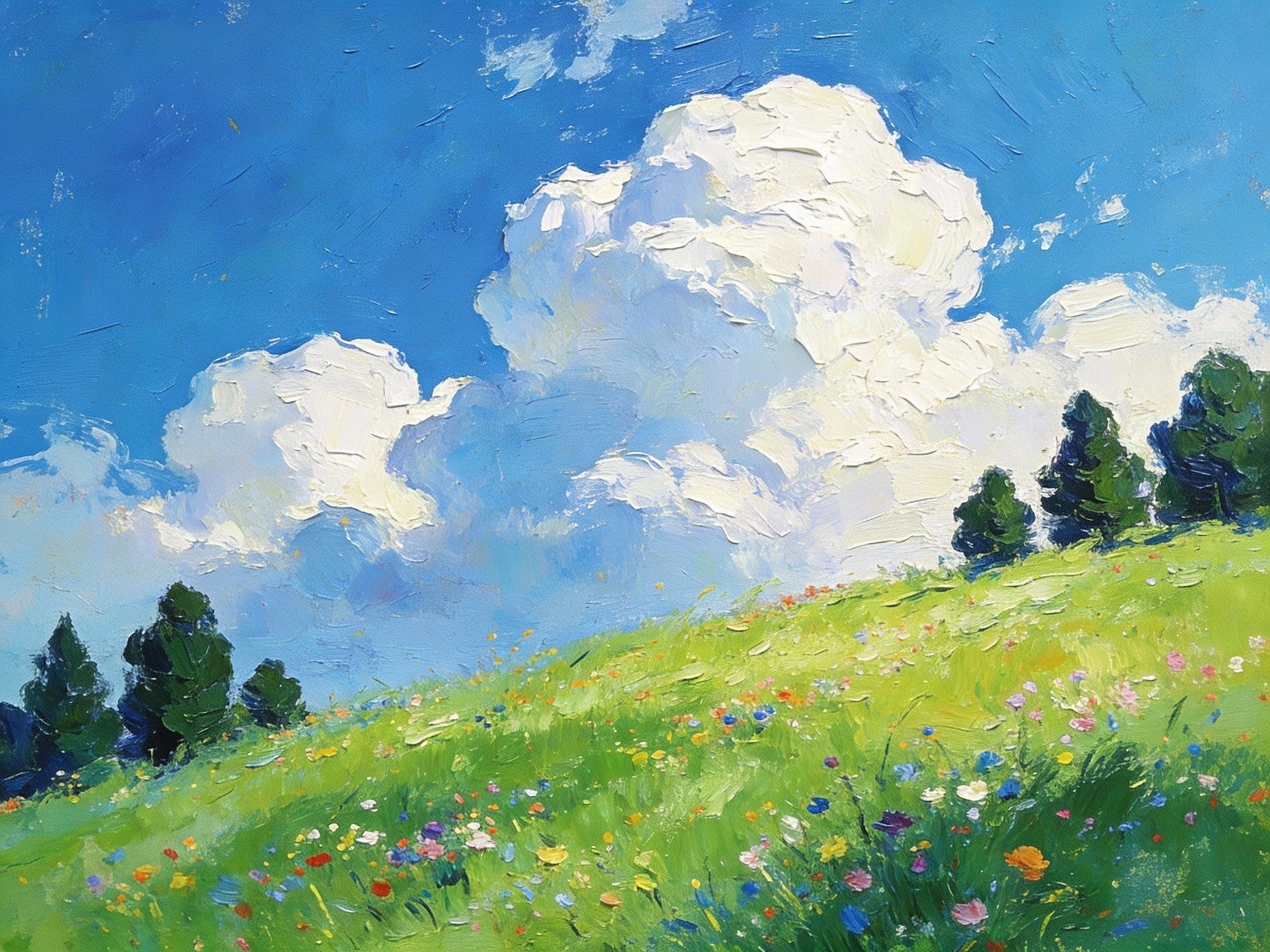 Beneath Sky Clouds Hillside Bloom Floral Landscape, Original Hand Painted Small Acrylic Canvas Art